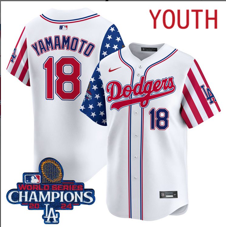 Youth  MLB Los Angeles Dodgers #18 Yamamoto American Style white 2024 World Series Champions  Limited Jersey